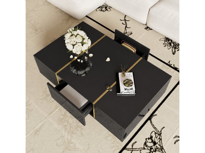  Table basse noire brillante avec 2 tiroirs et détails dorés, 100 x 60 cm  - Conforama D