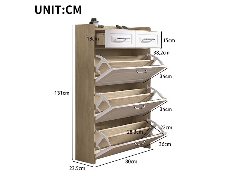 Meuble à chaussures avec 3 compartiments et 2 tiroirs - rangement pratique - mdf - sécurité anti-basculement - 125x80x23,5 cm - blanc et naturel  - Conforama E