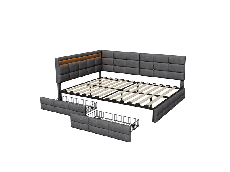  Lit double adulte 140x200 cm, tête de lit en forme de l réglable, 2 tiroirs de rangement, led et ports usb, tissu en lin, gris  - Conforama A