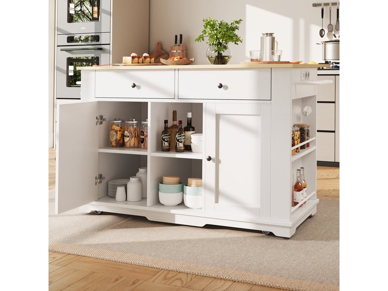  Desserte roulante,chariot de cuisine avec 2 portes,2 tiroirs,6 compartiments,plateau pliable,porte-serviettes et rangements,blanc desserte blanc - Conforama B