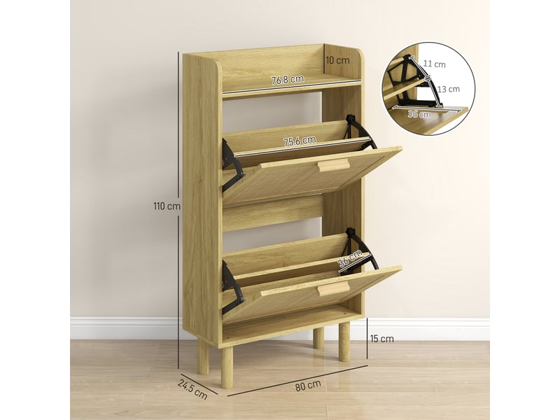 Meuble à chaussures étroit pour entrée, avec 2 tiroirs pliants, étagères et plateau réglables, chêne - Conforama D