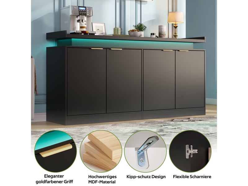 Buffet noir 4 portes mdf, meuble rangement cuisine avec éclairage led intégré, dimensions 160x39x83 cm - Conforama R