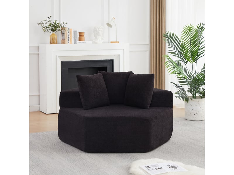  Fauteuil modulaire 1 place hexagonal avec 3 coussins, combinaisons variées et assise moelleuse en tissu bouclette noir  - Conforama B