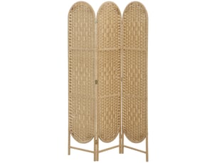 Paravent interieur ovale 3 panneaux 120 x 170 cm séparateur de pièce pliable, bois naturel, léger et tissé