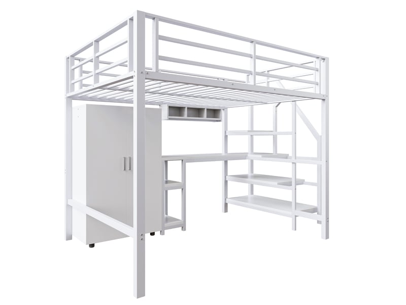  Lit mezzanine blanc 140x200 cm avec bureau, armoire, étagères et échelle rangement  - Conforama E