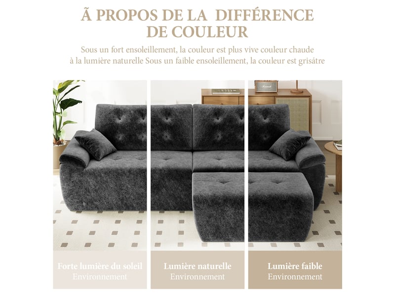  Canapé modulable en chenille gris mousse haute densité avec pouf,canapé salon 275cm style nuage confortable,compressé sans montage 275x174x66CM - Conforama W