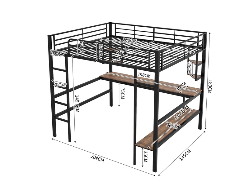  Lit mezzanine noir 140x200cm avec rangement, échelle, bureau et étagères, 5 étagères, sécurité renforcée - fer - pour enfant ado  - Conforama E