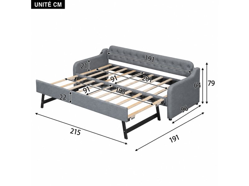  Lit gigogne 90x200 cm, lit simple en tissu gris avec couchage coulissant et prise usb, matelas non précisé  - Conforama D