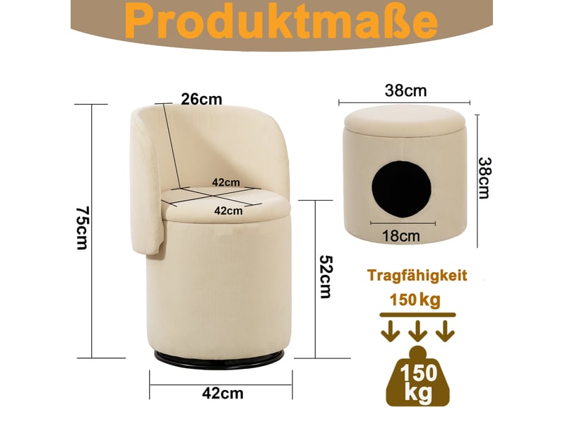  Fauteuil pivotant 360° avec rangement, assise rembourrée et pouf en velours côtelé beige 53 × 50 × 47 cm  - Conforama D