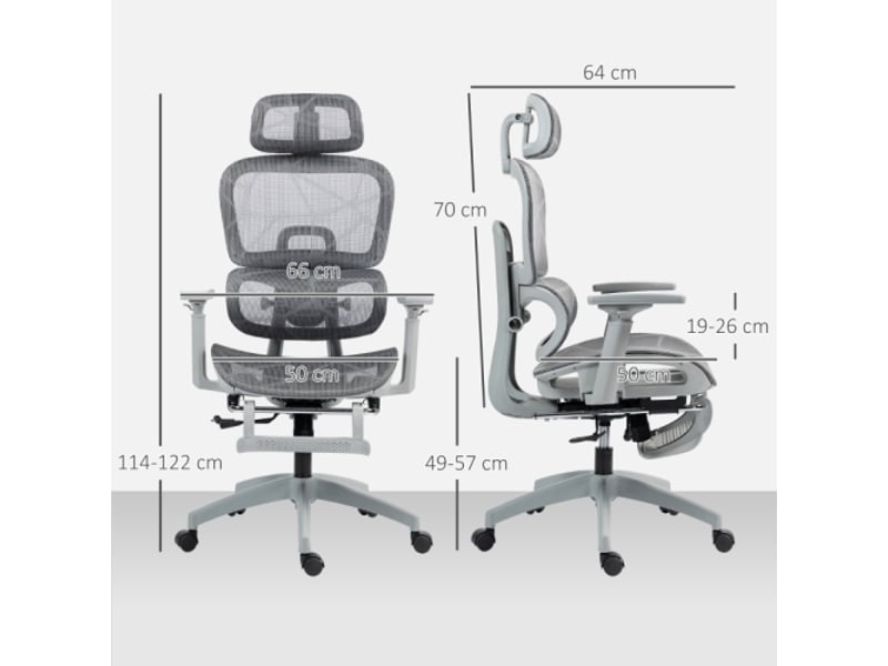  Chaise de bureau ergonomique en mesh gris, réglable, à roulettes, accoudoirs et appui-tête  - Conforama C