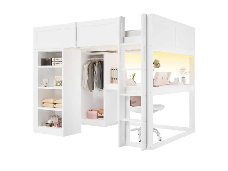  Lit mezzanine 140x200 cm avec bureau en l, armoire, étagères à 4 niveaux et espaces de rangement, espace de travail sous le couchage - blanc  - Conforama A