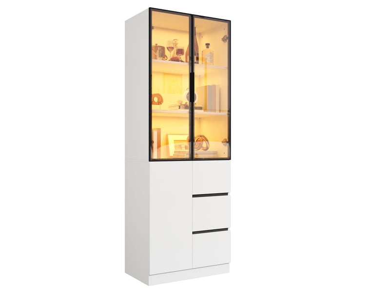 Vitrine blanche à led avec portes vitrées et cadre aluminium, en panneaux de particules, 60 × 40 × 180 cm, pour salon - Conforama A