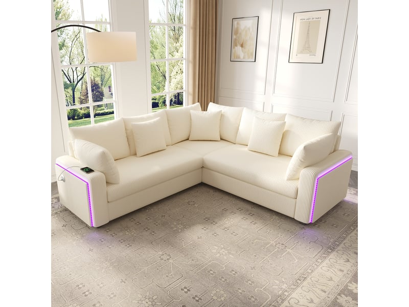  Canapé d'angle en l velours côtelé beige, canapé modulable 5 places avec éclairage led et ports usb de charge pour salon et appartement.  - Conforama D