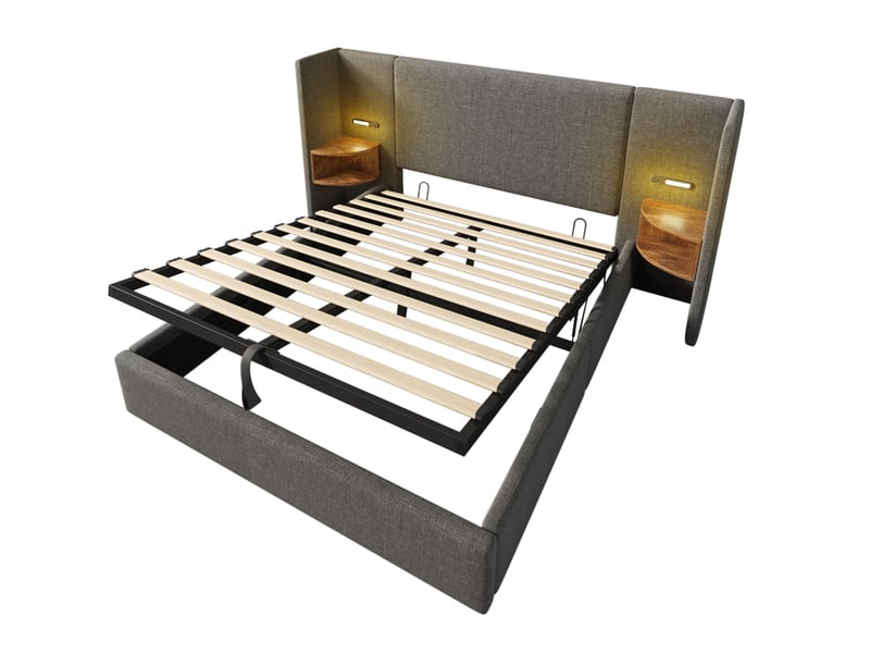 Lit rembourré 160x200 gris avec lampe de lecture, usb type-c et coffre de rangement - Conforama D