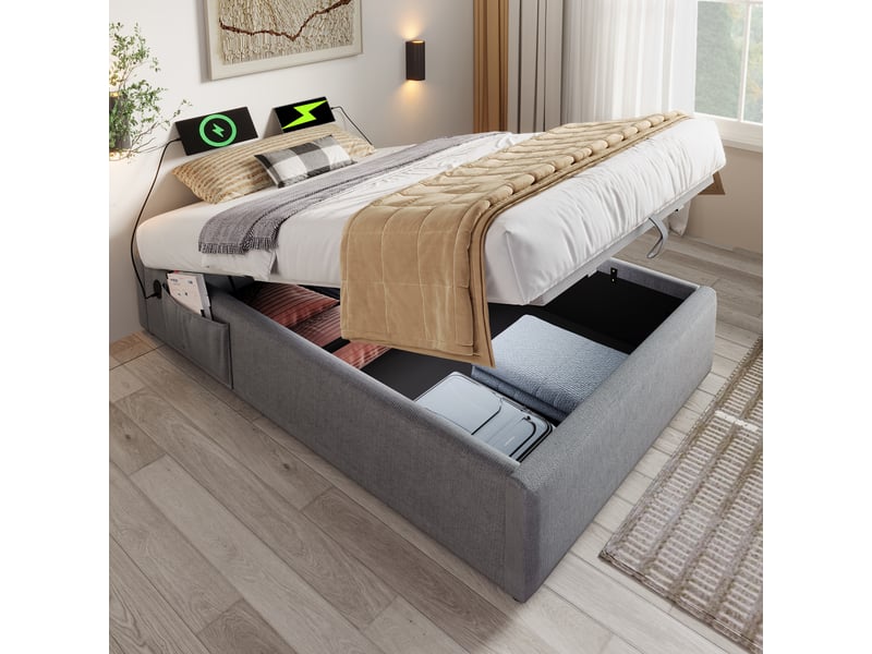  Lit coffre 90x190 cm - lit simple avec coffre de rangement et port usb-c, structure bois et coton, gris, sans tête de lit  - Conforama B