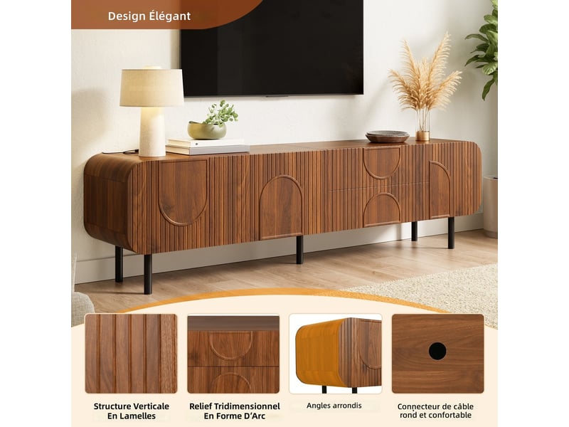  Meuble tv 180 cm noyer style médiéval mdf et panneaux de particules avec 3 portes 2 tiroirs et passe-câbles pour salon evarich - Conforama B