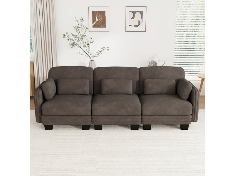  Canapé droit modulaire 3 places en chenille marron avec coussins mobiles  - Conforama E