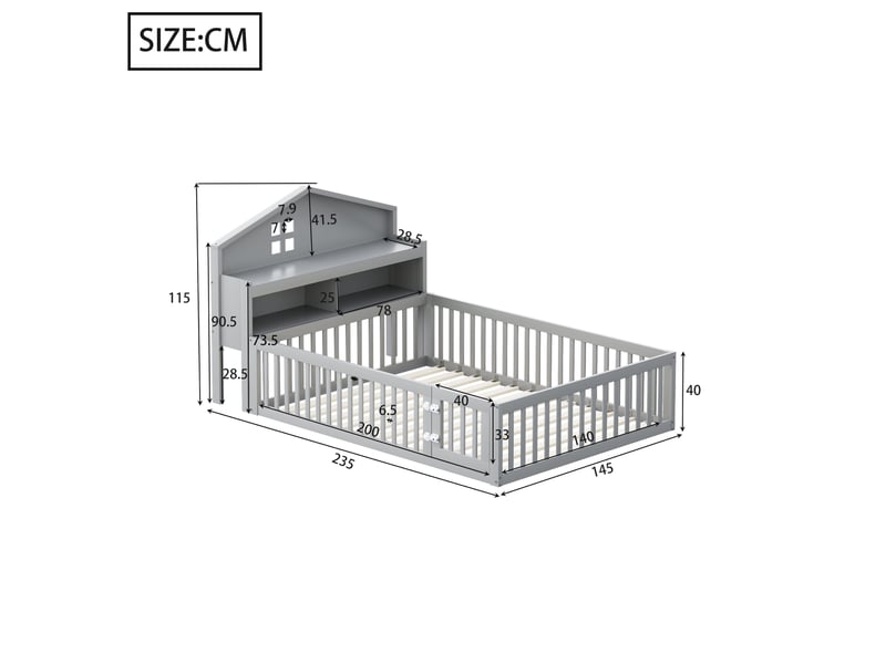Lit enfant cabane 140 x 200 cm avec barrières, porte, rangements et sommier gris - Conforama C