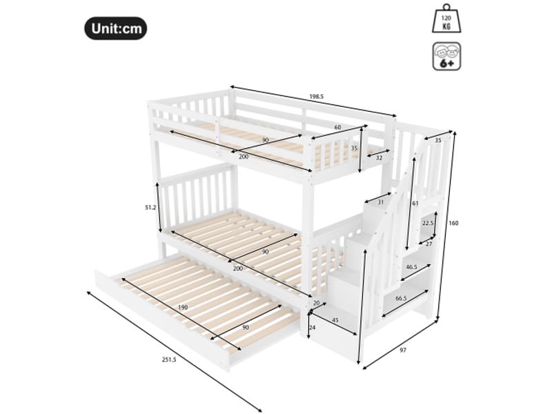  Lit superpose avec rangement 90×200 cm blanc avec escalier‑rangement, lit extractible à roulettes, barrières hautes, certifié en747‑1  - Conforama C