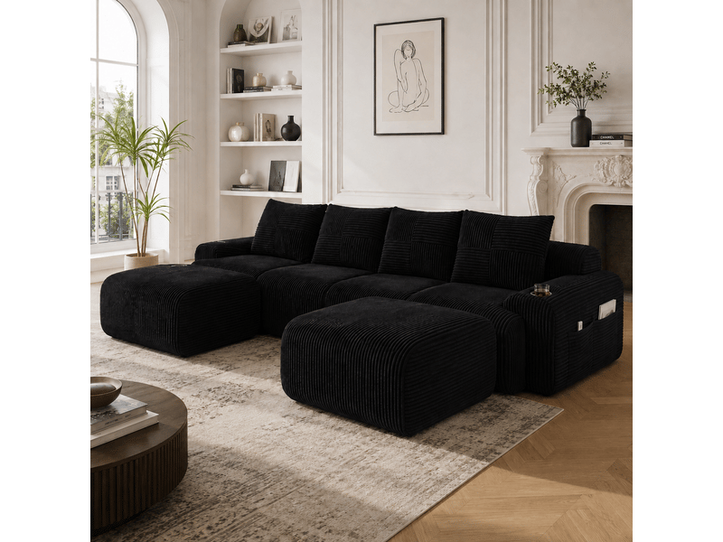  Canapé modulable 4 places avec 2 poufs, porte-gobelet et poche latérale, configurable en u, en l ou en assises séparées, velours côtelé, noir  - Conforama B