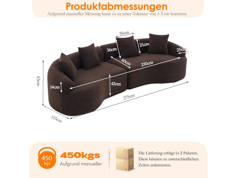 Canapé modulable incurvé 4 places 275x115x63 cm marron foncé en chenille, sans montage requis pour salon - Conforama C