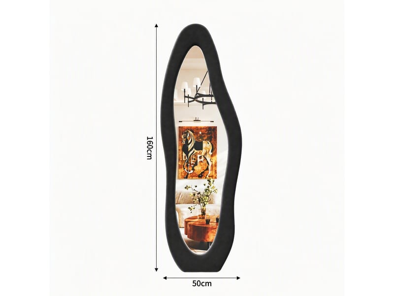  Miroir corps entier 160x50 cm, miroir sur pied ondulé asymétrique, avec pied u, pour chambre et dressing, cadre velours doux style scandinave, rose  - Conforama E