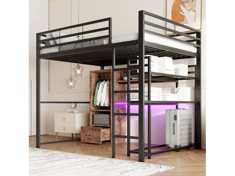  Lit mezzanine 140x200 cm led intégrées bureau tiroir rangements garde-corps escalier métal mdf sans matelas noir  - Conforama W