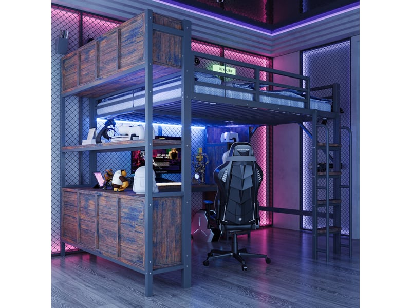  Lit mezzanine gaming 140x200 cm avec bureau intégré, armoire et étagères, prises européennes, led d'ambiance, garde-corps haut, métal noir Radiant Stride - Conforama D