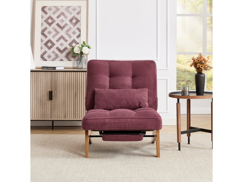 Fauteuils - fauteuil relax avec repose-pieds et coussin lombaire, dossier réglable, pieds bois, velours côtelé, 127×73×90 cm - rouge vin - Conforama C