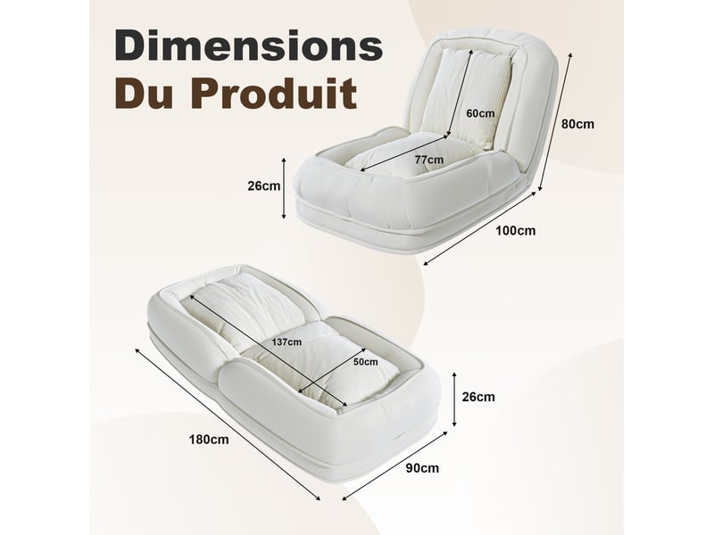  Canapé convertible 1 place en tissu blanc cassé, 5 positions 90°-180°, 2 coussins, pliable et gain de place  - Conforama C