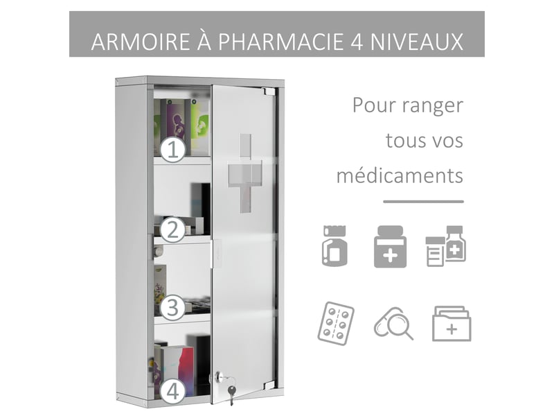  Armoire à pharmacie murale avec serrure, acier inoxydable brossé, 3 étagères, 30 x 12 x 60 cm  - Conforama R