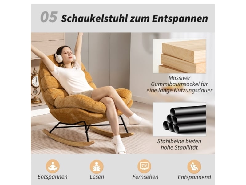  Fauteuil à bascule rembourré jaune avec pieds en acier et patins en bois  - Conforama D