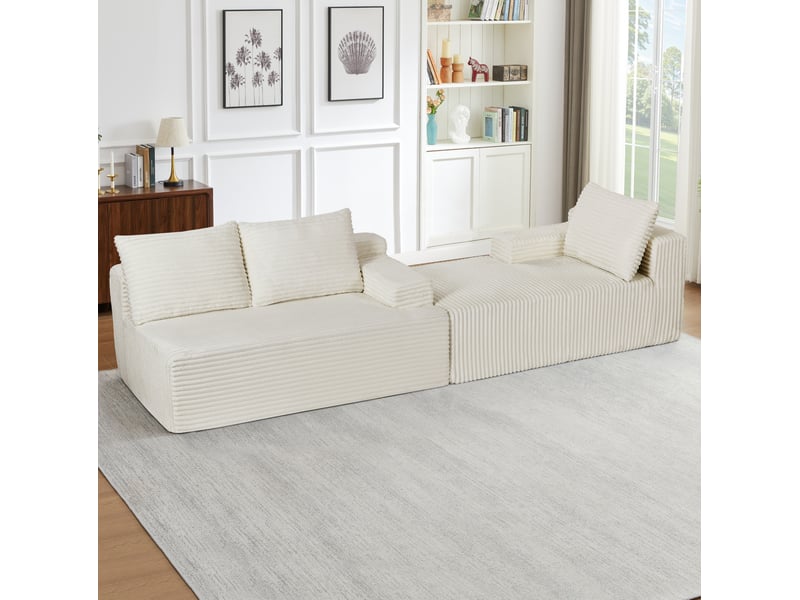  Canapé d'angle compressé en l 238x152x66 cm modulable 3 places, mousse et velours côtelé couleur beige, moderne  - Conforama E