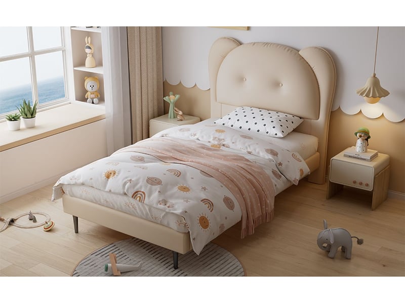  Lit rembourré enfant 90x200 cm design ours mignon - lit enfant - similicuir pu beige, sommier à lattes, tête de lit douce  - Conforama D