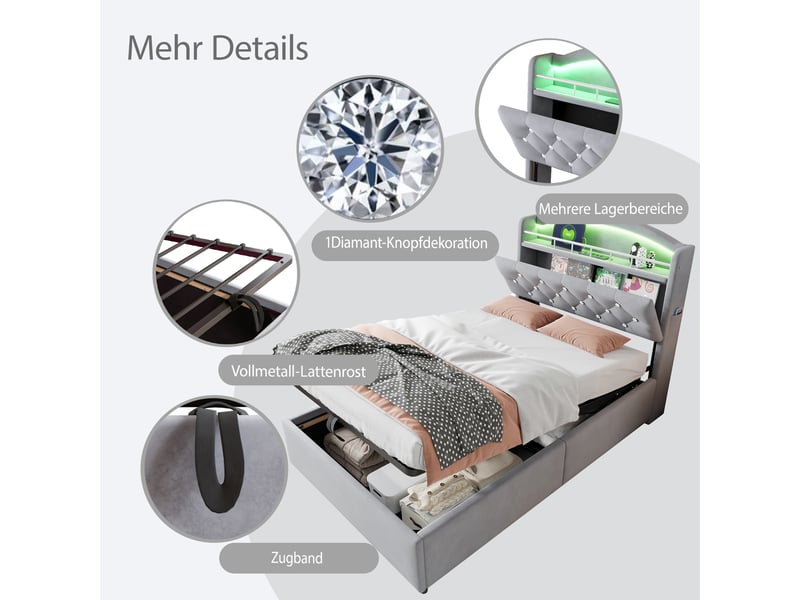  Lit simple 90x200 cm avec coffre hydraulique, rangement en tête, led multicolore, 3 ports usb et 1 port type-c, tissu, gris  - Conforama E