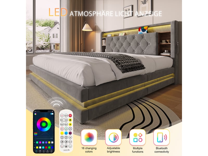  Lit coffre rembourré 160 x 200 cm, rangement hydraulique, tête de lit avec étagères, led, 2 usbtype-c, sommier à lattes, velours, gris foncé Seren Glow - Conforama E