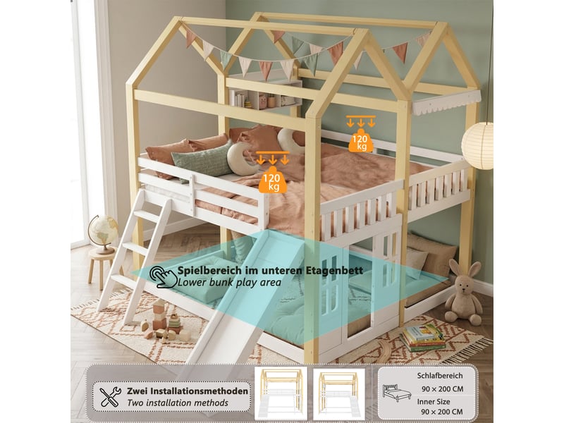  Lit mezzanine enfant 90 x 200 cm avec toboggan et échelle réversibles, design cabane, espace jeu, blanc et bois naturel evarich - Conforama D