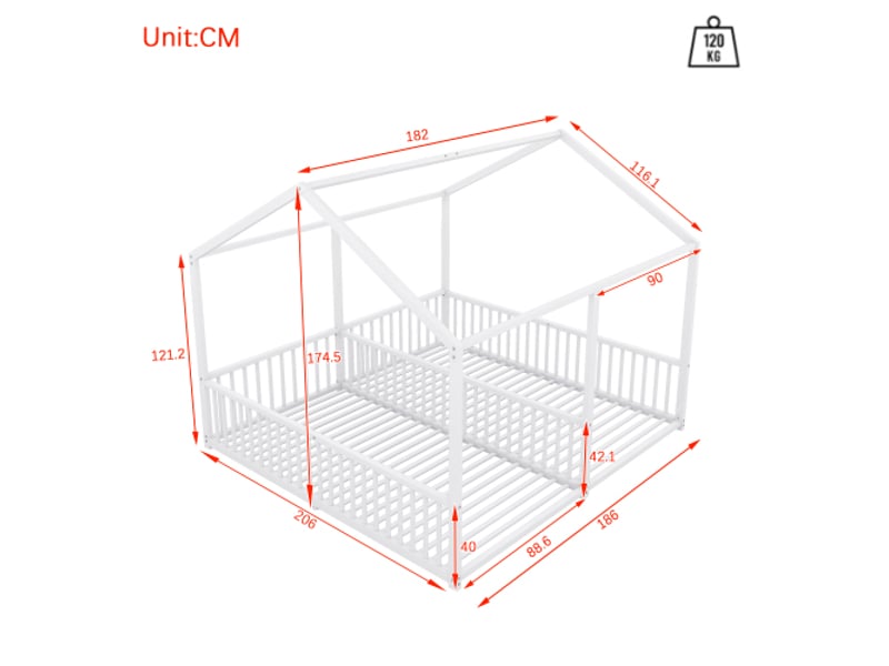  Lit cabane 90x200 cm, lit double avec garde-corps, cadre en fer, blanc, sans matelas  - Conforama D