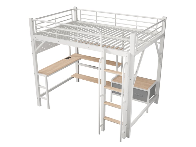  Lit mezzanine enfant,140x200 cm,avec bureau et rangements,métal et mdf,blanc  - Conforama D