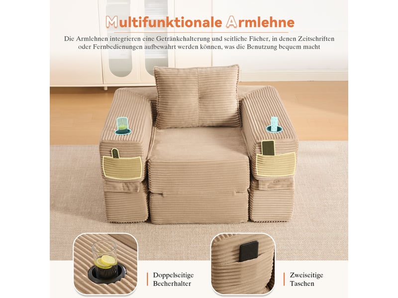  Canapé convertible 2 places en velours côtelé kaki avec tiroir de rangement et porte-gobelet  - Conforama E