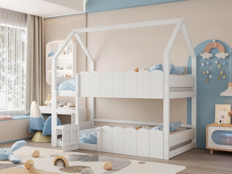  Lit superposé pour enfants, 90 x 200 cm, design en forme de maison avec barrières de sécurité surélevées, couleur blanc  - Conforama B