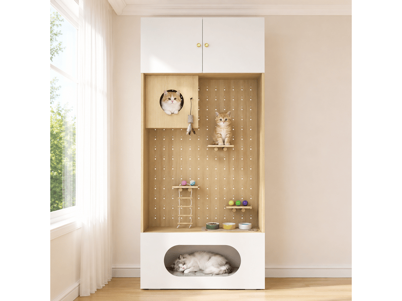  Meuble vertical multifonction avec niche, plateformes et rangement, 90 x 50 x 200 cm, blanc effet bois  - Conforama E