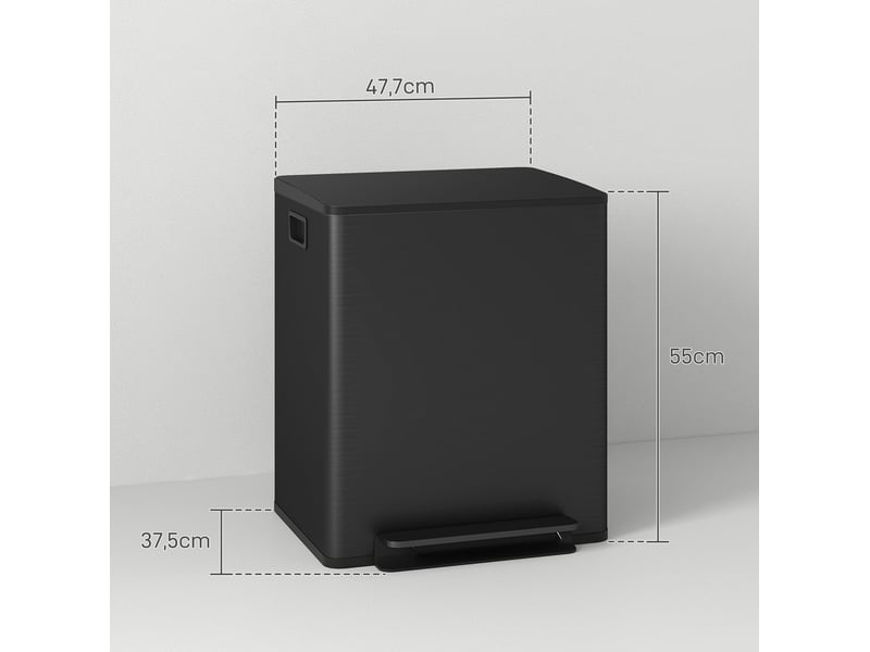  Poubelle de cuisine tcqpz à pédale double bac 2 x 25 l acier inoxydable noir 47,7 x 37,5 x 56 cm  - Conforama D