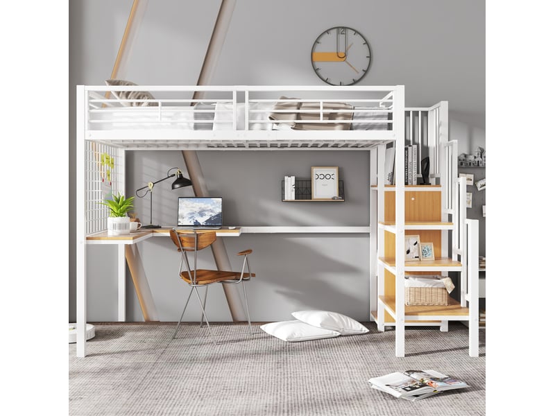  Modenvie lit mezzanine 90x200 cm - avec armoire intégrée, escalier latéral - sans matelas - blanc  - Conforama E