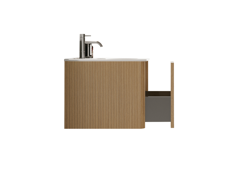 Meuble sous vasque avec tiroirs et vasque intégrée, façade rainurée, bords arrondis pour salle de bain en mdf chêne - Conforama B