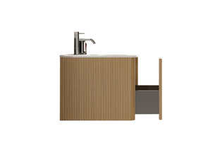 Meuble sous vasque avec tiroirs et vasque intégrée, façade rainurée, bords arrondis pour salle de bain en mdf chêne