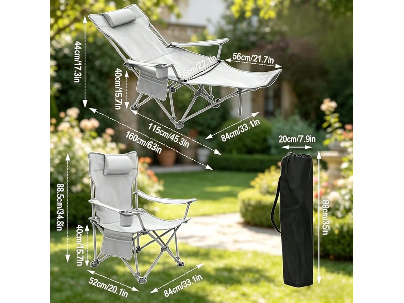 Chaise pliante de camping 160x84x44 cm avec repose-pieds extensible métal gris - Conforama C