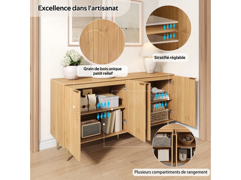Buffet 4 portes à étagères réglables sur pieds en métal pour salon en mdf 140×40×72 cm naturel - Conforama C