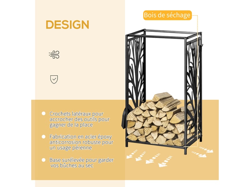 Porte-bûches en acier noir, serviteur 2 en 1 avec étagère et 4 accessoires, 46 x 30 x 70 cm - Conforama W