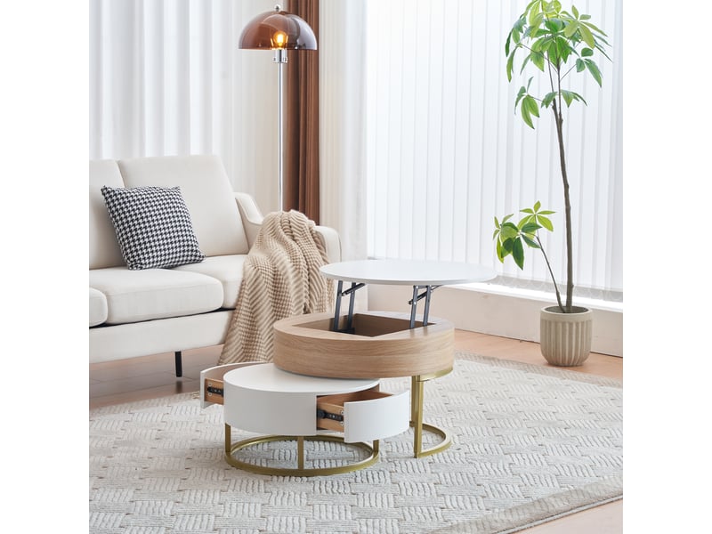 Tables basses gigognes avec plateau relevable et 1 tiroir, en mdf, blanc et doré - uvrion - Conforama B